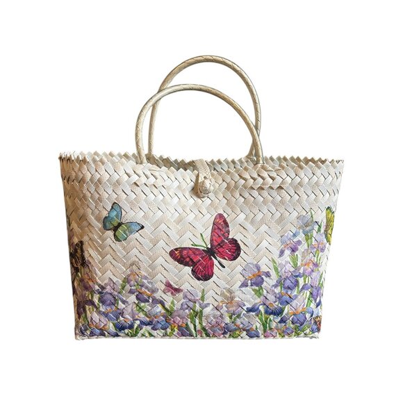 Decoupage Handwoven Straw Tote Bag With Butterfly & Floral Design(Price is firm) - Picture 1 of 6